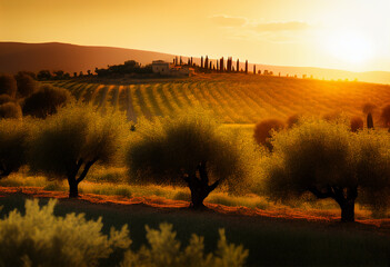 Wall Mural - Olive trees plantations. Spain hills on sunset. Olives trees at Spain Farm field. Olives harvest in Tuscany. Olive harvesting in farm season. Rural landscape. Ai Generative illustration.