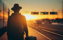 Traveler With Suitcase. Traveler With Hat On Road, Back View. Person With Suitcase Walking By Desert. Tourist On Walking Travel Trip. Vacation, Suitcases, Travel Bag. Missed On Train. AI Generate