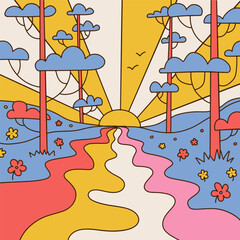 Retro psychedelic landscape. Vintage hippie background with sunset, rainbow river, grees and flowers. Contour hand drawn vector illustration in 70s groovy style.