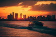 Yacht in the sea at sunset. Miami at sunset. Miami Beach South Beach, Florida, colorful skyline. Buildings with hotels and apartments near coastline near ocean. Ai Generative illustration