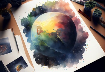Wall Mural - Watercolor Illustration of a Beautiful Space And Earth. Generative AI