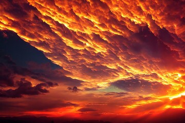 Wall Mural - Large golden and orange clouds in sunlight of sunset dramatic sky., created with generative ai