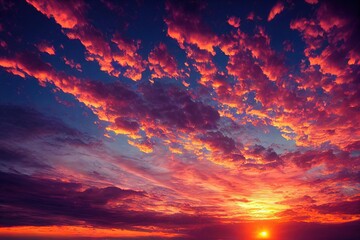 Wall Mural - Sun illuminating clouds with purple pink and gold colors against backdrop of sunset dramatic sky, created with generative ai