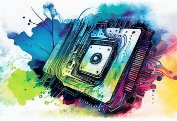 Canvas Print - Watercolor Illustration of a Technology Background. Central Computer Processors Cpu Concept. Motherboard Digital Chip. Tech Science Background. Integrated Communication Processor. Generative AI