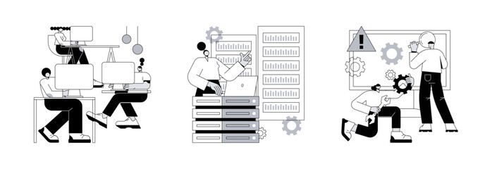Computers and software abstract concept vector illustration set. Computer lab, system administration, troubleshooting, information technology, network upkeeping, operating system abstract metaphor.