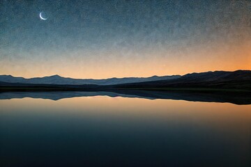 Wall Mural - Night on lake against backdrop of mountains and sunset dramatic sky., created with generative ai