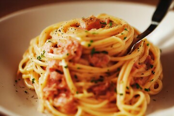 Sticker - Golden spaghetti carbonara with grated cheese and bacon slices., created with generative ai