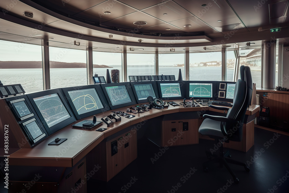 A modern ship's bridge features an array of digital navigation screens ...