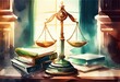 Watercolor Illustration of a Scales Of Justice In Library. Law Concept Of Judiciary, Jurisprudence And Justice. Copy Space. Based On. Generative AI