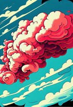 Fantasy Cartoon Clouds In Blue Sky Abstract Background. Dream Pink Clouds In Comic Book Art Style. Ai Generated Pink Explosion Creative Vertical Print.