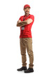 © Ljupco Smokovski - Full length shot of a young male sales worker wearing a red t-shirt