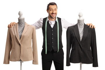 Wall Mural - Young tailor with a measuring tape smiling and leaning on a mannequin torso dressed with suits