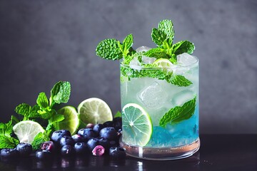 Poster - Cold delicious mojmojito cocktails to in tall glasses with black berries., created with generative ai