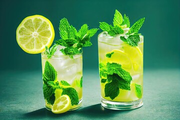 Poster - Thin slices of lemon, mint and ice in glass with mojito cocktails., created with generative ai