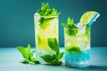 Poster - Servings of clear cold mojito cocktails with mint leaves and lime., created with generative ai