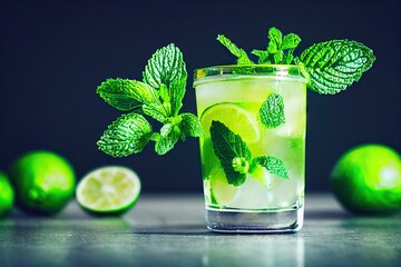 Poster - Mojito cocktails with pieces of lime and ice in wide fogged glasses., created with generative ai