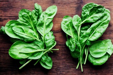 Wall Mural - Bunches of fresh spinach for healthy eating on wooden board., created with generative ai