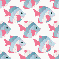 Wall Mural - Cute coral reef fish seamless fabric print illustration. Ocean animals pattern. Children