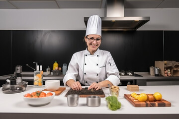 wide-angle view of a cheerful female chef in a spotless chef suite. Generative AI