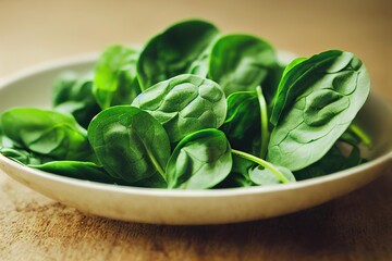 Wall Mural - Beige bowl with small spinach leaves on light wooden table., created with generative ai