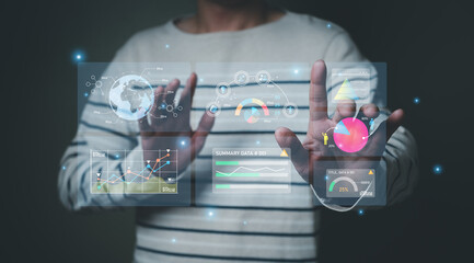 Wall Mural - young entrepreneur using big data analysis and cloud technology to collect customer data and display