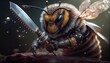 ilustration of Photoshoot bee with macro lens and  have weapon on hand, Generative AI