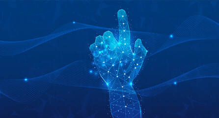 Aufkleber - Abstract low poly hand wireframe reach to the sky, cyberspace with fluid dynamic wave element background concept vector.