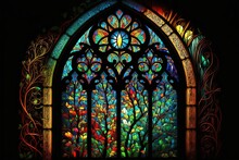 A Stained Glass Window In A Chapel, Portraying The Life Of A Saint In Vivid Colors And Symbolic Images. Generated By AI