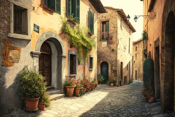  A narrow street in a rustic Italian village, with old stone buildings and flower-filled balconies. Generated by AI