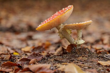 Wall Mural - Macro shot of the red Amanita mushroom with white dots on ground with dried leaves