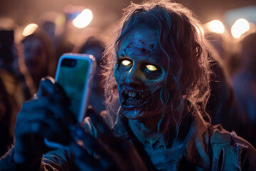 Halloween, holidays and people concept - close up of scary zombie man taking selfie with smartphone at night.  Generative AI