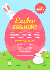 Wall Mural - Easter egg hunt poster vector illustration. Easter egg with cute bunny on polka dot pattern background.