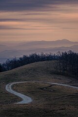 Poster - Aerial view of Appalachian mountain landscape surrounded by growing dense trees during sunset