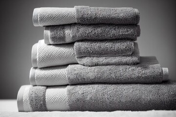 Poster - Stack clean bath towels made of bright fluffy textiles in laundry room., created with generative ai