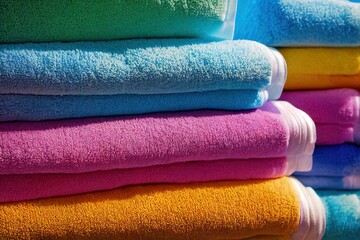 Poster - Bright blue stack clean bath towels made of soft textiles beautifully folded., created with generative ai