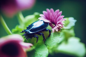 Wall Mural - Black shiny beetle on flower with petals and stem., created with generative ai