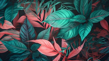 Tropical Green And Pink Leaves Background