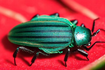 Wall Mural - Large green beetles on flower in wild nature., created with generative ai