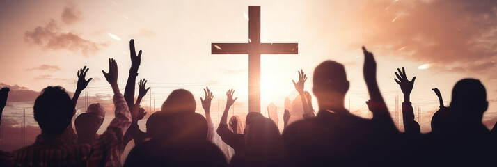 On a cross against a cloudy sky background, a group of Christians raise their hands in worship of God through Jesus Christ. - Generative AI