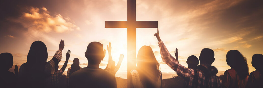 Together, a Christian congregation prays before a wooden cross under an overcast sky.  - Generative AI