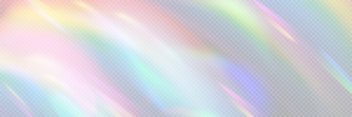 Wall Mural - Rainbow light prism effect, transparent background. Hologram reflection, crystal flare leak shadow overlay. Vector illustration of abstract blurred iridescent light backdrop.