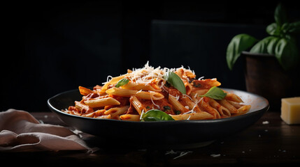 Penne pasta with tomato sauce, parmesan cheese and basil on dark background. Generative Ai