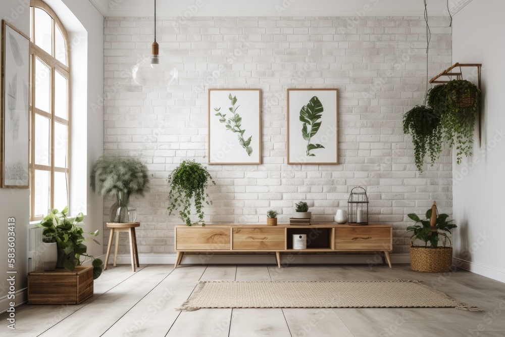 Interior of a house that has been minimally decorated. with a seasonal ...