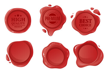 Aufkleber - Wax seal set graphic elements in flat design. Bundle of red round shapes decorative seals with empty space or inscriptions, postage and mail sealing stamps. Vector illustration isolated objects