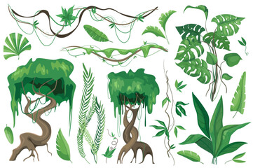 Leinwandbilder - Tropical plants and lianes set graphic elements in flat design. Bundle of different type exotic trees and leaves, wild flora and other green jungle foliage. Vector illustration isolated objects
