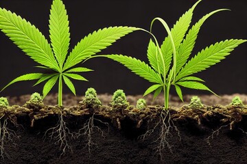 Poster - Bright green cannabis plants growing in ground., created with generative ai