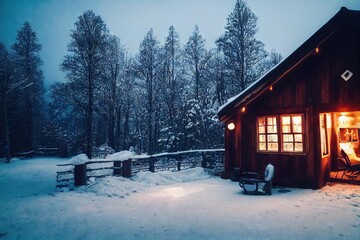 Canvas Print - Cozy house exterior decorated with illumination against background of winter landscape., created with generative ai