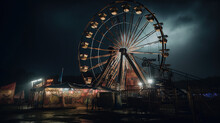 Abandoned Carnival With A Ferris Wheel On A Cloudy Night. Generative Ai