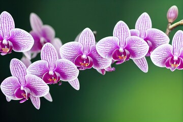 Wall Mural - White-pink orchid flowers on branch on blurred green background., created with generative ai