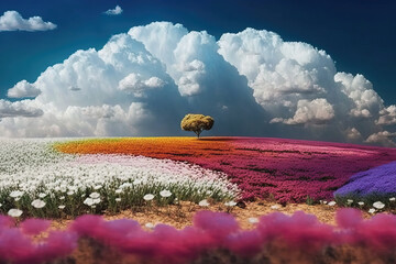 Wall Mural - field of flowers and fluffy clouds, ai generated